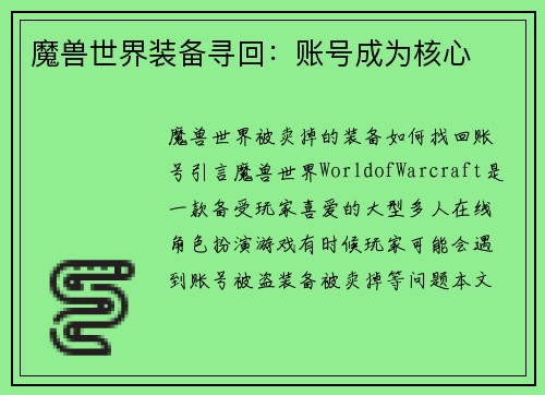 魔兽世界装备寻回：账号成为核心
